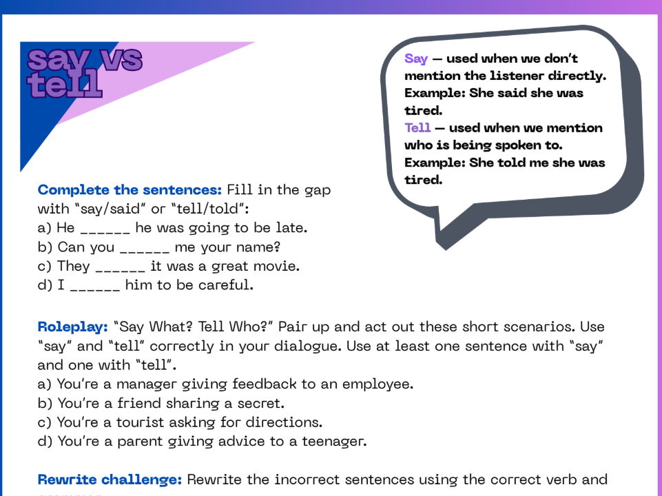 Say vs Tell - Grammar Worksheet for ESL Learners