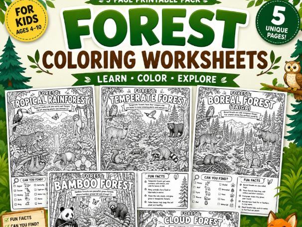 Forest Coloring Worksheets for Kids | Forest Habitat Activity Pack | K-Grade 4