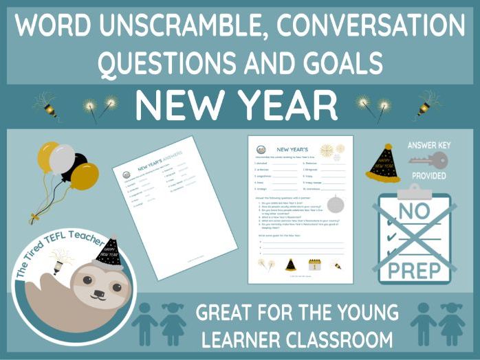 New Year's Eve Word Unscramble, Conversation Questions and Resolutions