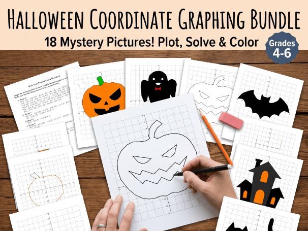 Halloween Maths Coordinate Graphing Mystery Pictures Bundle | 18 Worksheets (4 Quadrants)
