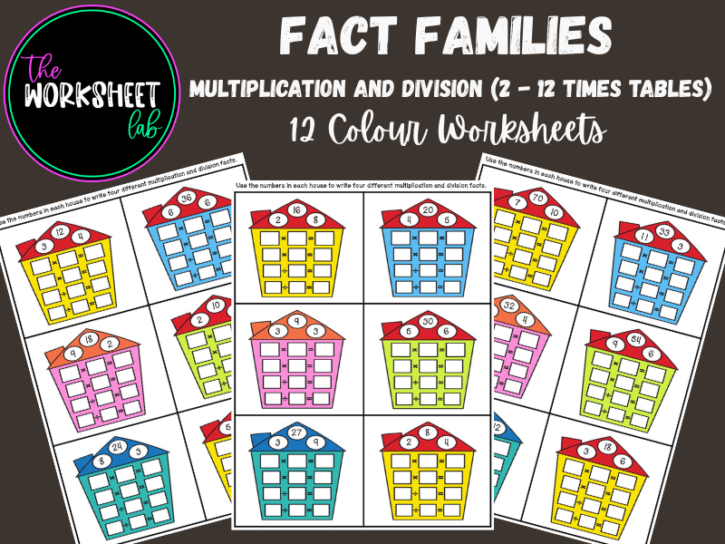 Multiplication and Division Fact Families 2 to 12 Times Tables Worksheets in Colour