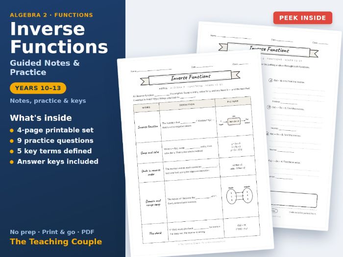 Inverse Functions Guided Notes & Practice + Answer Keys | Years 10-13