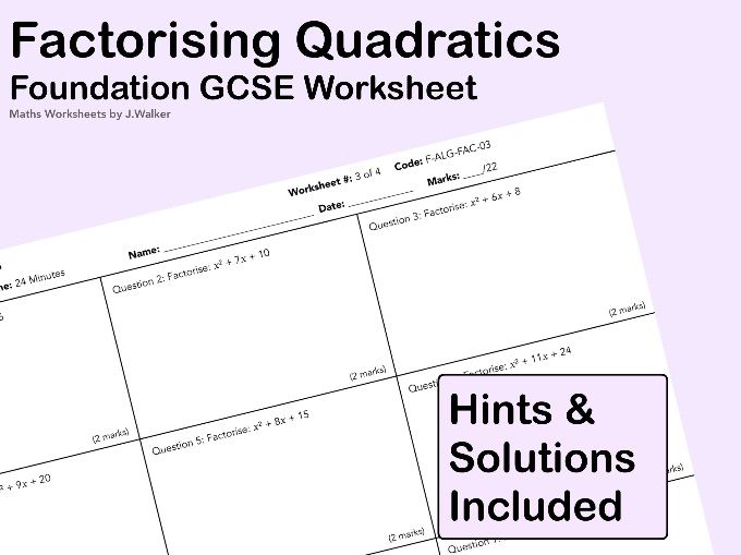 GCSE Maths Worksheet: Factorising Quadratics - Foundation Tier