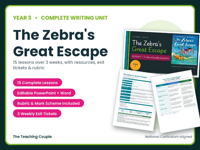 The Zebra's Great Escape | Year 3 English Unit | 15 Complete Lessons + Resources + Mark Scheme