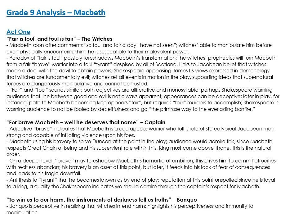 Grade 9 Analysis of 28 'Macbeth' Quotes