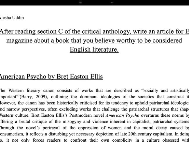 AQA A Level English Literature B A* NEA coursework on American Psycho by Bret Easton Ellis