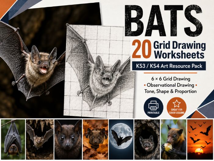 Bats Grid Drawing Worksheets | 20 Printable KS3 & KS4 Art Activities | Halloween Drawing Pack