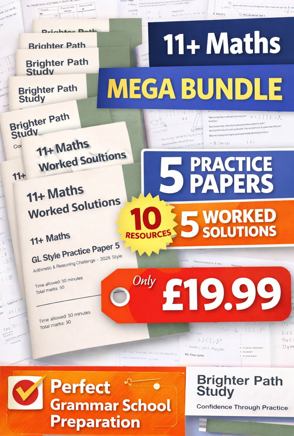 11+ Maths Mega Bundle – 5 GL Style Practice Papers + 5 Worked Solutions | Grammar School Preparation | 10 Resources