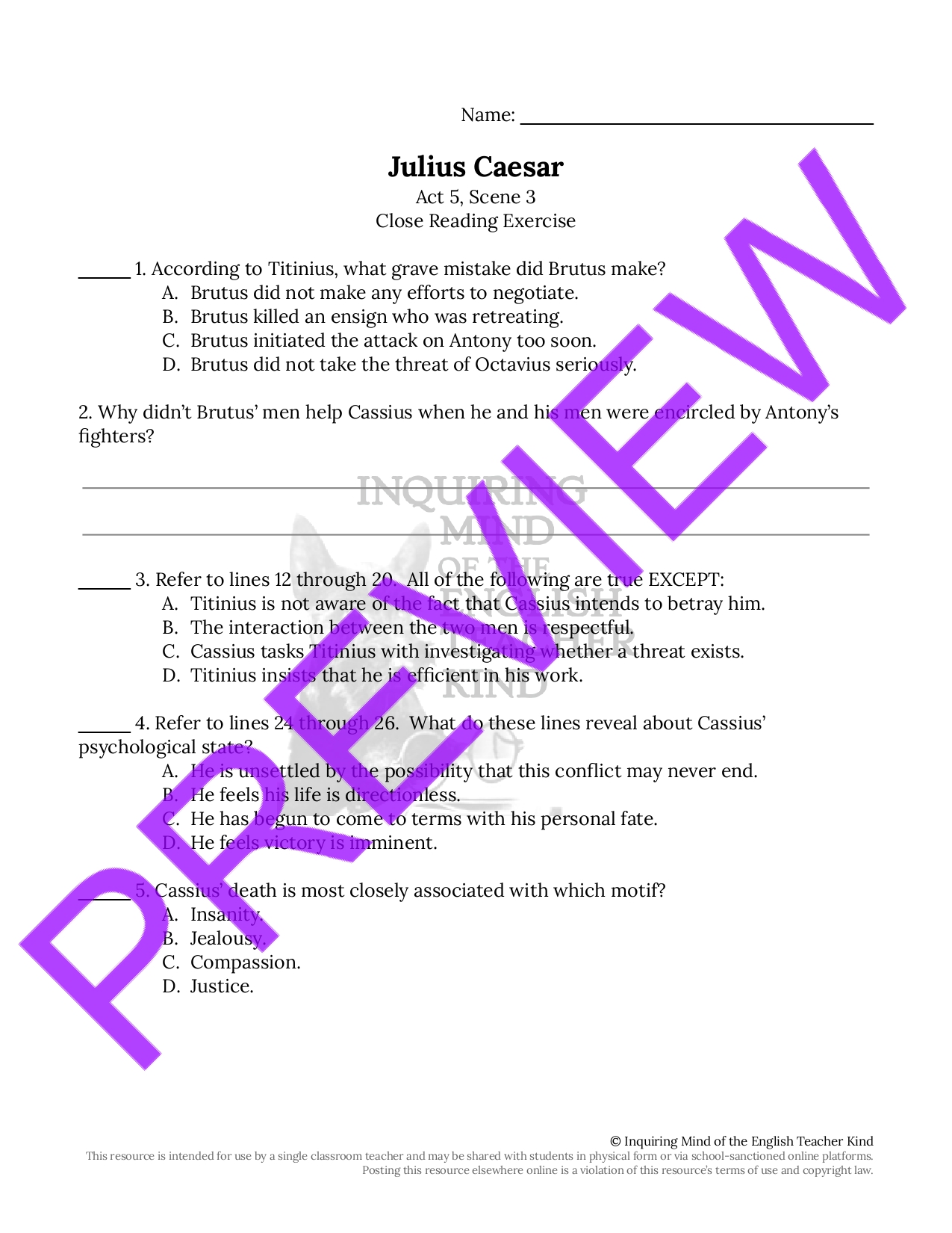 Julius Caesar Close Reading Worksheet - Act 5, Scene 3 | Teaching Resources