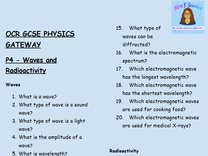 OCR GCSE Physics P4 Retrieval Practice – Low-Stakes Questions on Waves and Radioactivity