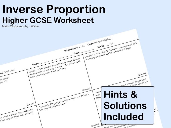 GCSE Maths Worksheet: Inverse Proportion - Higher Tier