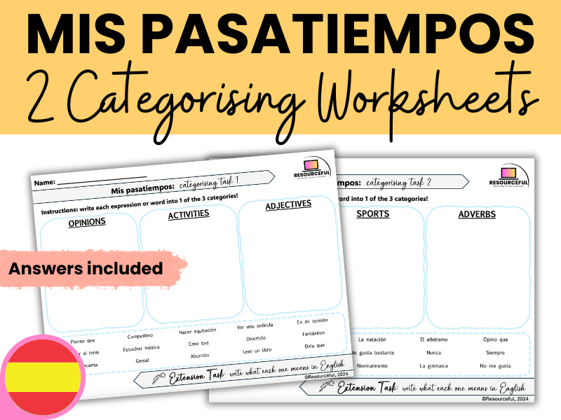 Spanish Free Time Pasatiempos Categorising Activity Worksheets