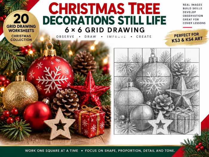 Christmas Tree Decorations Grid Drawing Worksheets | 20 Festive 6x6 Drawing Activities | KS3 KS4 Art