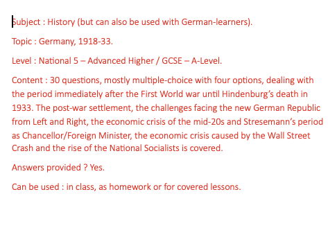 German History, Weimar Republic, 1918-33, quiz (mostly multiple-choice)