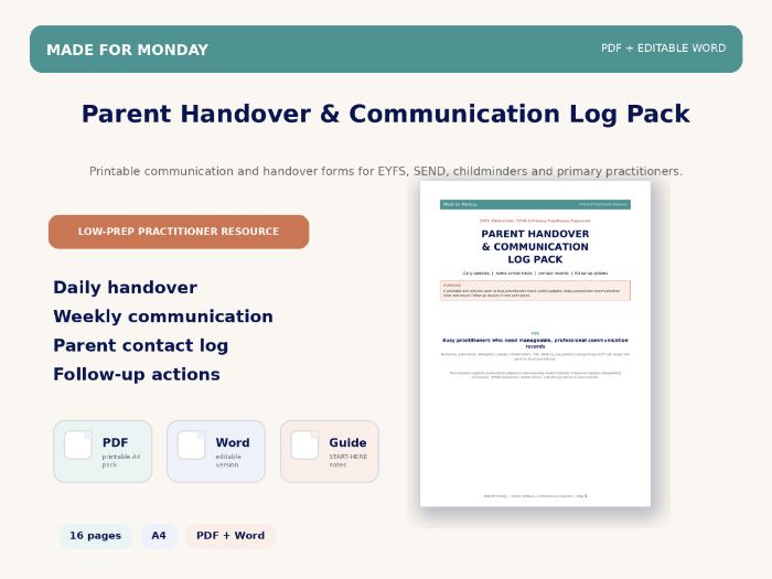 Parent Handover & Communication Log Pack - EYFS Childminder SEND