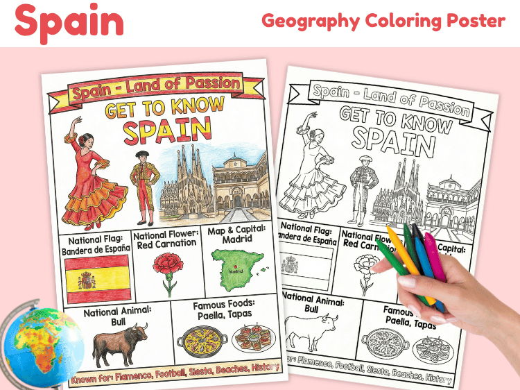 Spain Geography Coloring Poster | Country Facts Worksheet