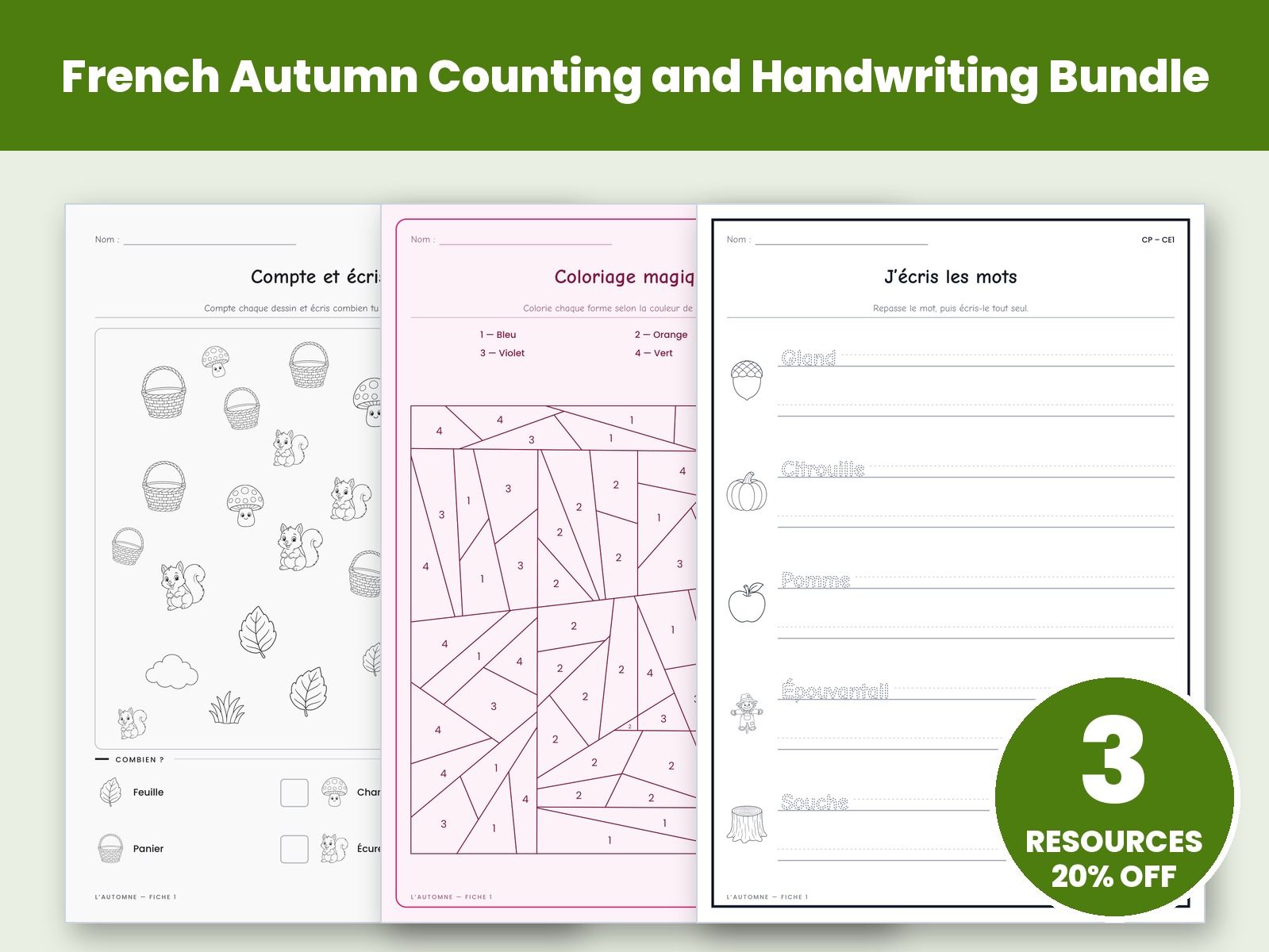 French Autumn Counting and Handwriting Bundle