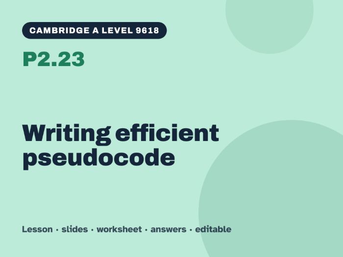 Cambridge A Level Computer Science 9618 – P2.23 Writing efficient pseudocode – Lesson & Worksheet