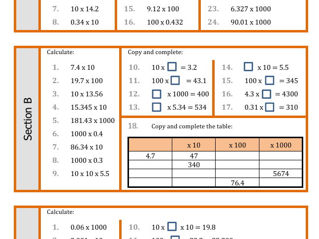 Multiplying by 10, 100, 1000 (with decimals)