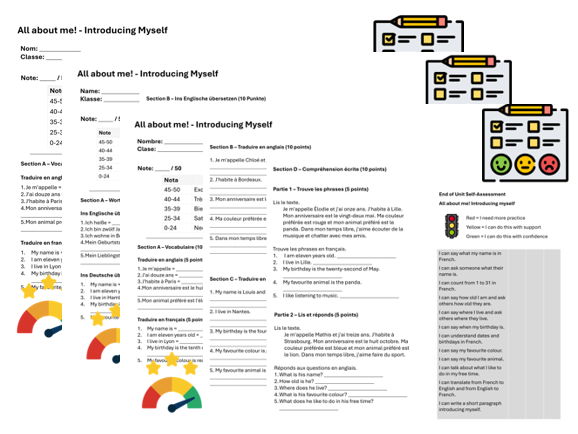 All about me! Introducing myself (French, German & Spanish) – Assessment, Mark Scheme & Self Assessment