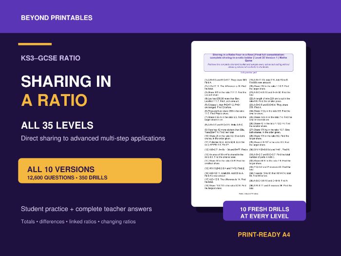 Sharing in a Ratio Skill Drills | 10 Versions × 35 Levels | 12,600 Questions