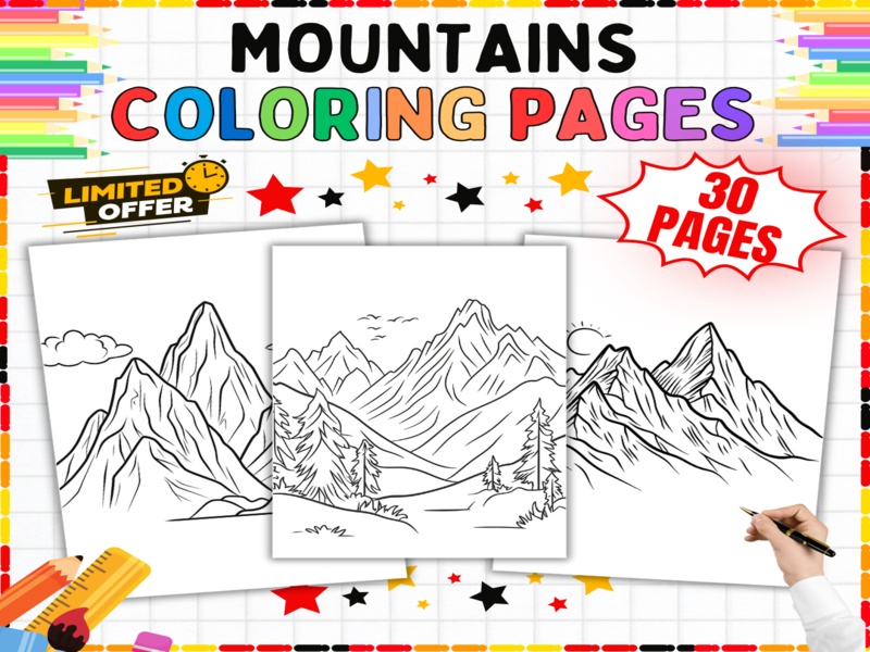 Mountains Colouring Pages | 30 Nature Landscapes - Peaks, Valleys & Alpine Scenery