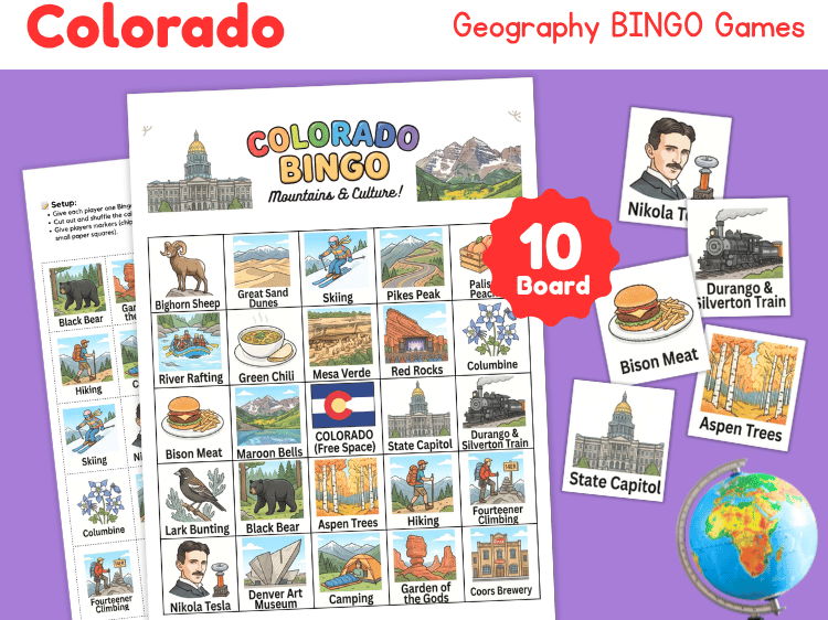 Colorado Geography Bingo | 10 Printable State Study Games