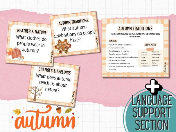 Autumn Speaking Activities – ESL Conversation Cards with Sentence Starters & Vocabulary Support