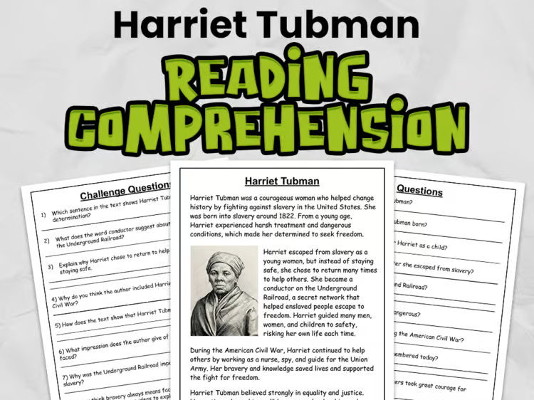 Harriet Tubman Reading Comprehension for KS2 or Gr 3 - 5 | Black History Month