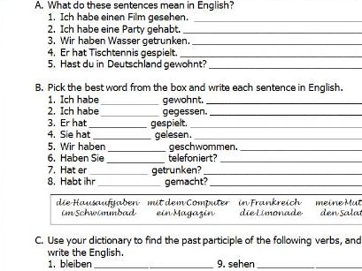 German perfect tense worksheet leading up to translation task