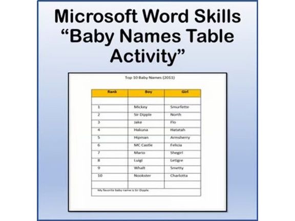 Baby Names Table Lesson Activity for Teaching Microsoft Word Skills