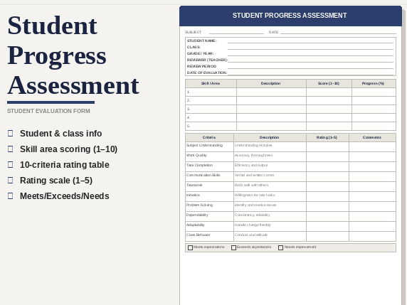 Student Progress Assessment Template | Printable Evaluation Form