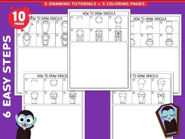 How to Draw Dracula, Halloween Directed Drawing, 6 Steps + Coloring Pages