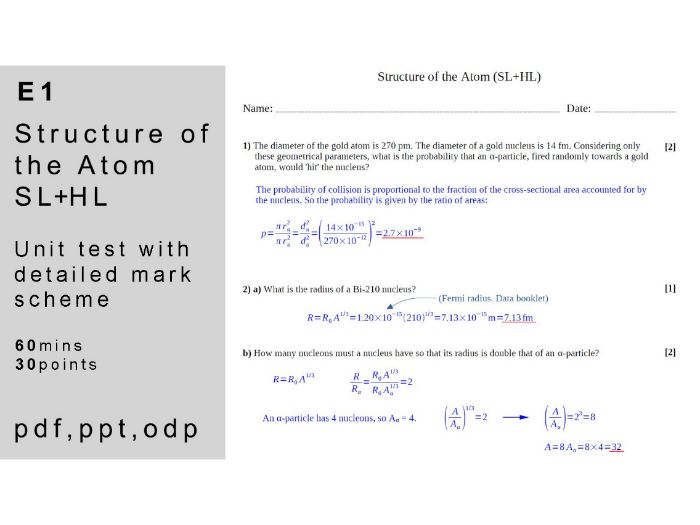 IB physics: E.1 - Structure of the Atom (SL+HL). Unit Test.