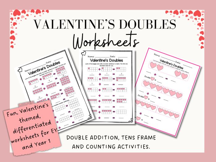 Valentine's Doubles | Doubles Addition Math Worksheets. EY - Y1