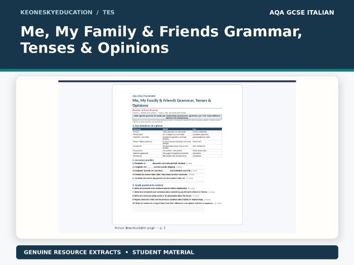 AQA GCSE Italian | Me, My Family & Friends Grammar, Tenses & Opinions