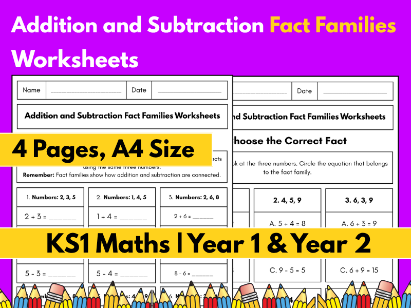 Addition and Subtraction Fact Families Worksheets | KS1 Maths | Year 1 & Year 2