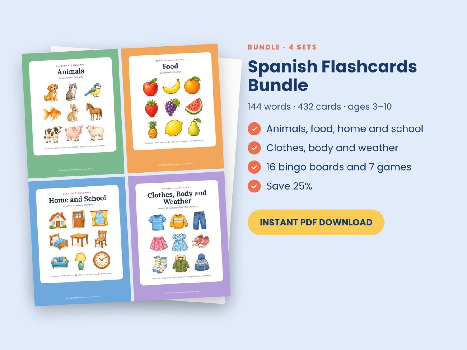 Spanish Flashcards Bundle: 144 Picture Cards (4 sets)