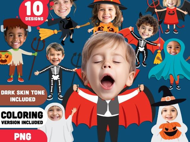 Halloween Body Templates, Face Craft Activity, 10 Unique Designs, Light & Dark Skin, PDF + PNG