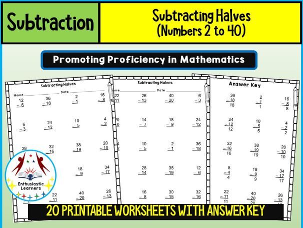 Subtracting Halves (2-40) Worksheets – Practice Activity