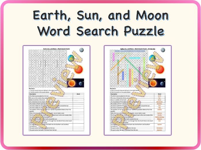 Earth, Sun, and Moon - Word Search Puzzle Worksheet Activity (Printable)