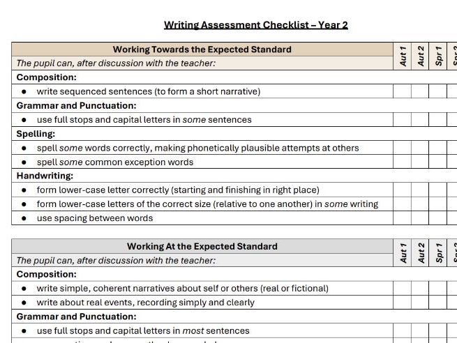 Year 2 Writing Assessment Checklist