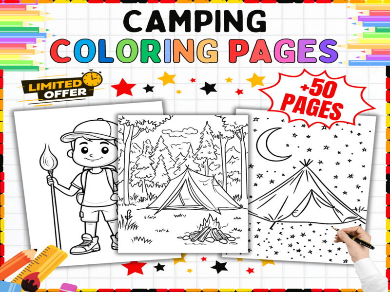 50+ Camping Colouring Sheets | Nature Adventure Art Activities | Tents Campfires Scouts Printables