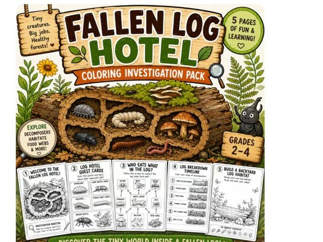 Fallen Log Hotel Coloring Investigation Pack|Decomposers, Forest Habitats & Food (Grade 2-4)