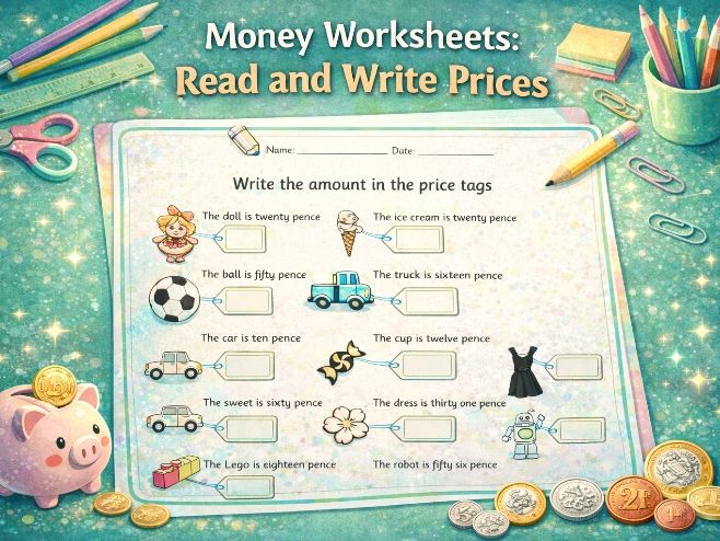 Year 1 / Year 2 money read and write prices 3 differentiated worksheets