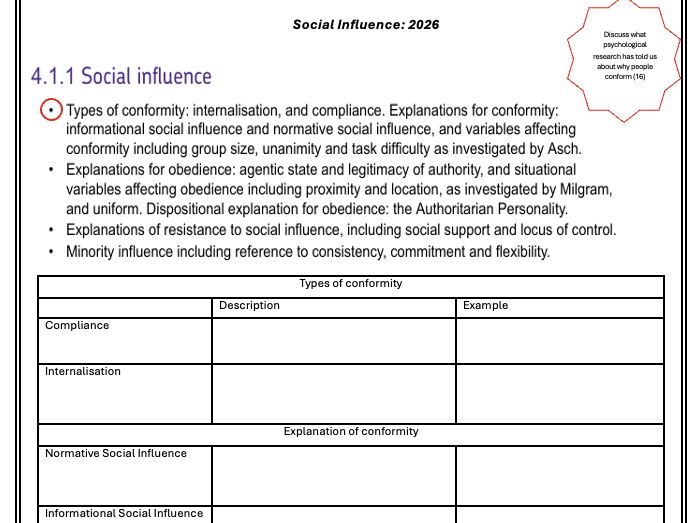 Revision Booklet for KS5 Psychology AQA Updated Spec - Social Influence