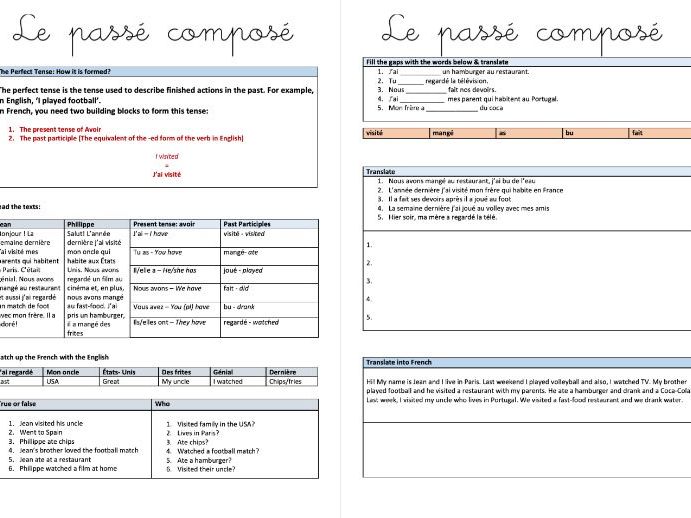 Le passé composé Past Perfect tense KS3 French worksheet conti