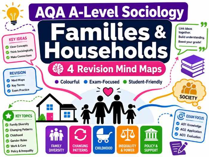 AQA A-Level Sociology Families and Households: 4 Colourful Revision Mind Maps