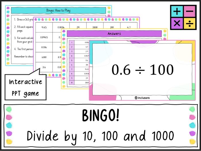 Dividing by 10, 100 and 1000 Bingo Game, Whole Class Place Value Activities
