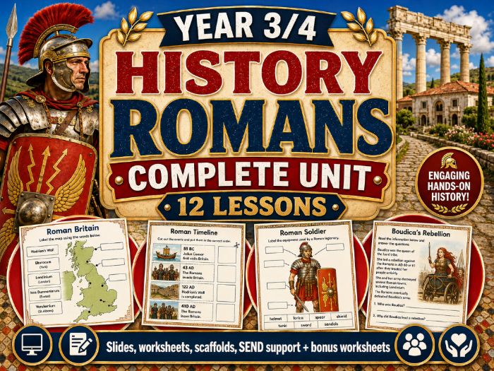 Year 3/4 History Romans Complete Unit – Roman Britain – 12 Lessons, Slides, Worksheets & Scaffolds